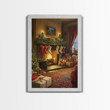 Load image into Gallery viewer, Cozy Christmas Mantle Decor Framed Canvas Print With Stockings Hanging And Presents By The Fire, Seasonal Holiday Wall Art Farmhouse Style
