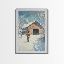 Load image into Gallery viewer, Cowboy Walking in Snow Scene Framed Canvas Print - Moody Landscape Art for Winter Home Decor 2024 Rustic Winter Wall Art
