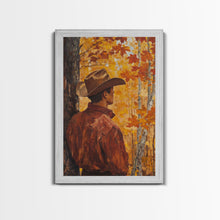 Load image into Gallery viewer, Cowboy in Autumn Forest Framed Canvas Print - Rustic Fall Wall Art Perfect Gift Idea 2024 Country Decor - Moody Landscape Art
