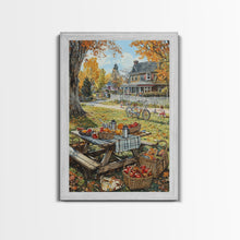 Carregar imagem no visualizador da galeria, Autumn Picnic Outdoors Tall Art Framed Canvas Print With Basket Of Apples, Fall Scene Wall Art, Country Farmhouse Decor For Kitchen
