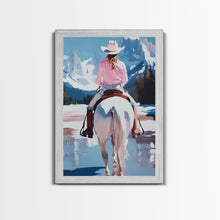 Cargar imagen en el visor de la galería, Female Cowboy Riding Through Winter Mountains Framed Canvas Print Christmas Wall Art Winter Wonderland Vintage Christmas Gift Wall Art
