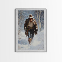 Load image into Gallery viewer, Cowboy Riding Horse in Snowy Forest Canvas Print, Winter Wall Art, Western, Rustic Christmas Wall Art, Seasonal Holiday Decor, Canvas Print
