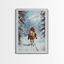Load image into Gallery viewer, Cowboy Walking Through Snowy Winter Forest Canvas Print, Western Christmas Art Gift, Holiday Wall Decor, Rustic Art, Framed Canvas Print
