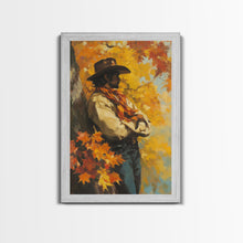 Load image into Gallery viewer, Cowboy Walking in Winter Forest at Sunset Canvas Print, Seasonal Western Wall Art, Rustic Christmas Wall Decor, Vibes, Framed Canvas Print
