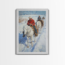 Load image into Gallery viewer, Cowboy Riding Horses in Snow Canvas Print, Winter Wall Art, Rustic Christmas Decor, Holiday Gift Idea, Seasonal Art, Framed Canvas Print
