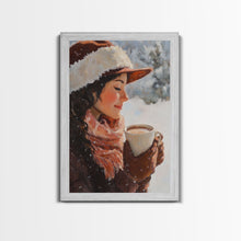 Load image into Gallery viewer, Framed canvas print of a peaceful winter scene with a woman a hot chocolate perfect for holiday gift idea or rustic Christmas wall art decor
