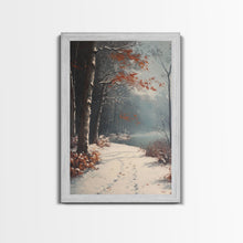 Load image into Gallery viewer, Framed Canvas Print of a Snowy Path with Trees and Red Leaves, Winter Wall Art, Moody Landscape, Best Gift Idea, Modern Christmas Decor
