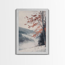 Carregar imagem no visualizador da galeria, Canvas Print of Snowy Mountain Trees Red Leaves, Winter Wonderland Wall Art, Best Gift Idea, Moody Landscape, Rustic Christmas Decor
