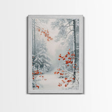 Carregar imagem no visualizador da galeria, Canvas Print of Winter Wonderland with Red Leaves in Snow, Winter Wall Art, Best Gift Idea, Moody Landscape, Christmas Home Decor
