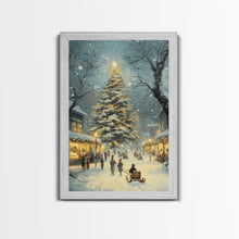 Cargar imagen en el visor de la galería, Christmas Tree Village Snowy Winter Scene Framed Canvas Print Christmas Wall Art Christmas Decor Christmas Tree Art Holiday Gift Winter Art
