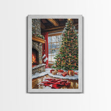 Load image into Gallery viewer, Cozy Cabin Fireplace With Christmas Tree Framed Canvas Print Christmas Wall Art Farmhouse Christmas Decor Holiday Gift Christmas Tree Art
