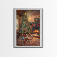 Cargar imagen en el visor de la galería, Children By Fireplace And Christmas Tree Framed Canvas Print Cozy Holiday Home Decor With Warm Fire And Festive Decorations Christmas Art
