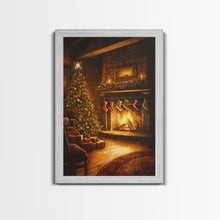 Load image into Gallery viewer, Rustic Cabin Fireplace With Christmas Tree Framed Canvas Print Warm Holiday Decor With Stockings And Christmas Lights Christmas Wall Art
