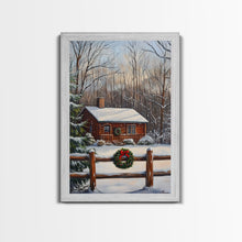 Load image into Gallery viewer, Snowy Log Cabin With Wreath And Fence Framed Canvas Print Rustic Winter Scene With Cozy Cabin In Snow Perfect Christmas Home Decor Wall Art
