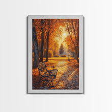 Carregar imagem no visualizador da galeria, Autumn Park Bench Scene With Trees And Lamppost Framed Canvas Print Wall Art Fall Decor, Rustic Autumn Art Gift, Seasonal Canvas Art
