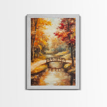 Carregar imagem no visualizador da galeria, Autumn Bridge Over Stream Framed Canvas Print Wall Art Fall Landscape Decor, Rustic Autumn Art Gift, Seasonal Wall Art
