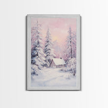 Load image into Gallery viewer, Pink Snowy Cabin Landscape Framed Canvas Print Wall Art Winter Wonderland Decor, Christmas Art Gift, Rustic Winter Scene Art
