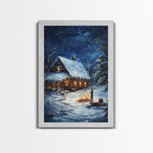 Load image into Gallery viewer, Cowboy Christmas by the Fire Framed Canvas Print, Western Holiday Decor with Snowy Cabin, Cozy Art Perfect for Rustic Christmas Winter Decor
