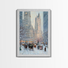 Cargar imagen en el visor de la galería, Historical City Winter Framed Canvas Print, Snowy Urban Landscape with Carriages and Victorian Architecture, Elegant Christmas Wall Art
