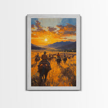 Load image into Gallery viewer, Cowboy Riders at Dusk Framed Canvas Print, Warm Sunset Western Scene with Riders on the Plains, Fall Decor Ranch Homes and Country Wall Art

