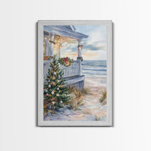Cargar imagen en el visor de la galería, Coastal Christmas Tree Framed Canvas Print, Festive Holiday Decor Tree Beach and Ocean View, Nautical Wall Art Tropical Christmas Decor
