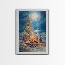 Cargar imagen en el visor de la galería, Christmas by the Bonfire Framed Canvas Print Family Gathering Around Christmas Tree Beach, Coastal Holiday Wall Art Nautical Christmas Decor

