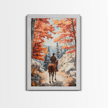Load image into Gallery viewer, Cowboy riding through autumn forest, Framed Canvas Print, fall landscape wall art, western style decor for cozy homes, perfect gift idea
