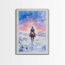 Load image into Gallery viewer, Cowboy riding through snowy sunset, Framed Canvas Print, winter landscape wall art, western decor for above sofa, rustic holiday decor
