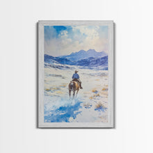 Load image into Gallery viewer, Cowboy riding through snowy mountain pass, Framed Canvas Print, western winter landscape wall art, farmhouse holiday decor Christmas gift
