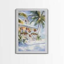 Carregar imagem no visualizador da galeria, Beach Christmas porch with palm trees and wreaths, holiday decor Framed Canvas Print Christmas wall art farmhouse tropical decor idea
