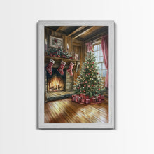 Load image into Gallery viewer, Cozy farmhouse Christmas interior Framed Canvas Print with tree stockings and fireplace, warm holiday art rustic Christmas decor mantle

