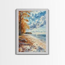 Carregar imagem no visualizador da galeria, Autumn beach landscape with vibrant fall leaves and coastal breeze Framed Canvas Print perfect fall wall art for seasonal farmhouse decor

