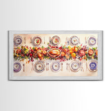 Load image into Gallery viewer, Festive Thanksgiving dinner table setting with colorful centerpiece, framed canvas print perfect autumn holiday decor wall art

