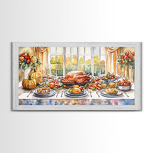 Load image into Gallery viewer, Framed Canvas Print Autumn Thanksgiving Dinner Table Art with Pumpkins, Perfect Fall Home Decor, Seasonal Wall Art, and Gallery Wall Piece
