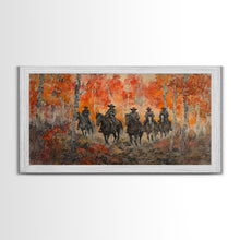 Load image into Gallery viewer, Framed Canvas Print Horseback Riders in Rustic Fall Forest, Cowboy Theme Wall Art, Autumn Home Decor, and Seasonal Canvas Wall Print
