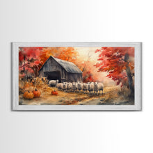 Load image into Gallery viewer, Framed Canvas Print Autumn Farm with Sheep and Pumpkins, Perfect Fall Decor, Rustic Country Home Wall Art, Seasonal Autumn Canvas Print
