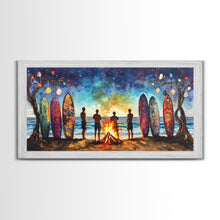 Carregar imagem no visualizador da galeria, Canvas Print Beach Bonfire with Surfboards Under Stars, Coastal Christmas Art, Tropical Holiday Wall Art, Beach Christmas Decor
