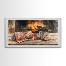 Carregar imagem no visualizador da galeria, Canvas Print Cozy Fireplace with Christmas Blanket and Mug, Rustic Christmas Decor, Holiday Home Art, Warm Christmas Wall Art
