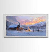 Load image into Gallery viewer, Cozy Snowy Log Cabin Tall Art Framed Canvas Print Winter Home Decor With Warm Fireplace And Horse Rider Under A Beautiful Sunset Scene
