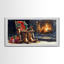 Carregar imagem no visualizador da galeria, Canvas Print Rocking Chair and Cowboy Boots by Fireplace, Cozy Christmas Decor, Western Holiday Wall Art, Rustic Christmas Scene
