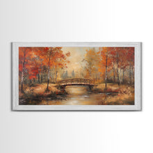 Carregar imagem no visualizador da galeria, Autumn Bridge Over Quiet River Tall Art Framed Canvas Print Serene Fall Landscape With Colorful Foliage And Peaceful Reflections
