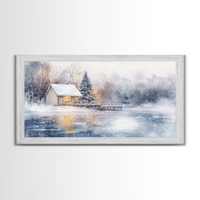 Load image into Gallery viewer, Christmas winter cabin Framed Canvas Print snowy lakeside cabin Christmas tree cozy holiday decor winter wonderland art Christmas wall decor
