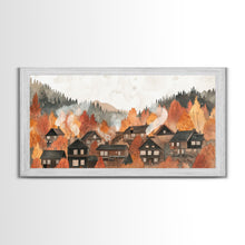 Carregar imagem no visualizador da galeria, Autumn village decor Framed Canvas Print rustic village with fall trees cozy seasonal wall art gift idea moody landscape autumn home decor
