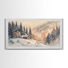 Load image into Gallery viewer, Christmas winter cabin Canvas Print snowy mountain cabin deer cozy holiday wall art winter wonderland seasonal decor Christmas gift idea
