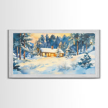 Load image into Gallery viewer, Winter cabin decor Framed Canvas Print snowy cabin and trees winter wonderland cozy holiday wall art gift idea Christmas home decor
