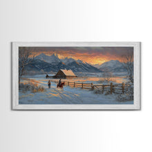 Load image into Gallery viewer, Dawn on the Frontier - Christmas scene art, winter wonderland, rustic Christmas art, Christmas farmhouse decor, snowy mountain art
