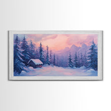 Load image into Gallery viewer, Cozy Cabin Surrounded By Winter Trees Tall Art Framed Canvas Print Serene Snowy Forest Cabin Landscape With Warm Interior Lights
