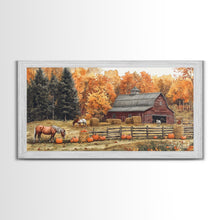 Carregar imagem no visualizador da galeria, Autumn Barn Pumpkin Horses Canvas Print Farmhouse Fall Decor Seasonal Wall Art Framed Canvas Print Rustic Fall Farmhouse Wall Art
