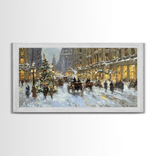 Carregar imagem no visualizador da galeria, Bustling Christmas Street Scene Tall Art Framed Canvas Print Vintage Winter Holiday Scene With Horse-Drawn Carriages And Festive Lights
