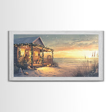Cargar imagen en el visor de la galería, Christmas beach house decor, coastal holiday home art, seaside Christmas wall art, festive beach house print, framed canvas print
